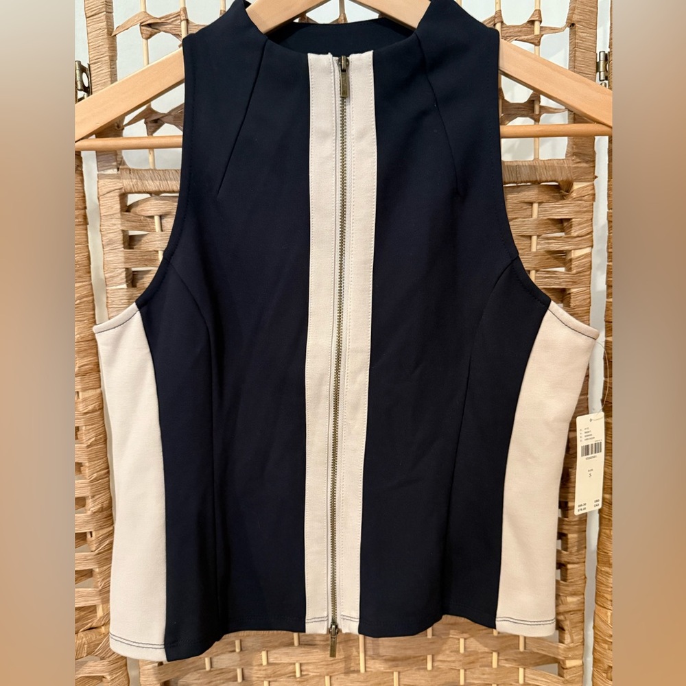 Anthropologie Navy and Cream Colorblock Zip-Front Tank